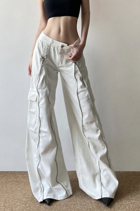 Long Zipper Pocket White Cargo Wide Leg Jeans image 1
