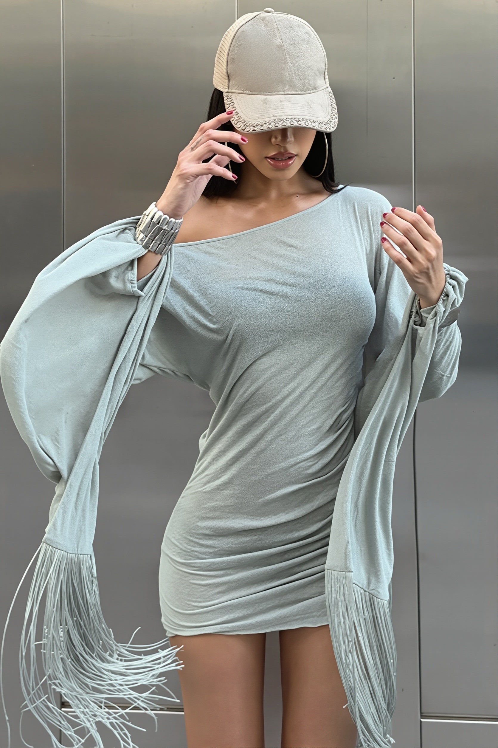 Flare Sleeve Tassel Patchwork Asym Neck Mini Dress image 3