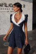 Vintage Lace Trim Polka Dot V-Neck Fitted Mini Dress image 1