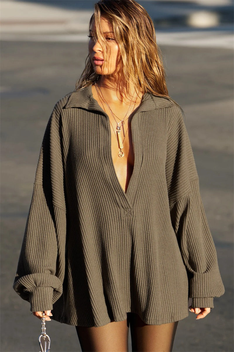 Sexy V Neck Knit Collar Blouse image 2