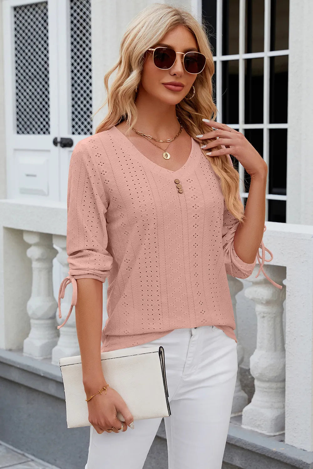Petra Eyelet Top detail view styled for Avrienne
