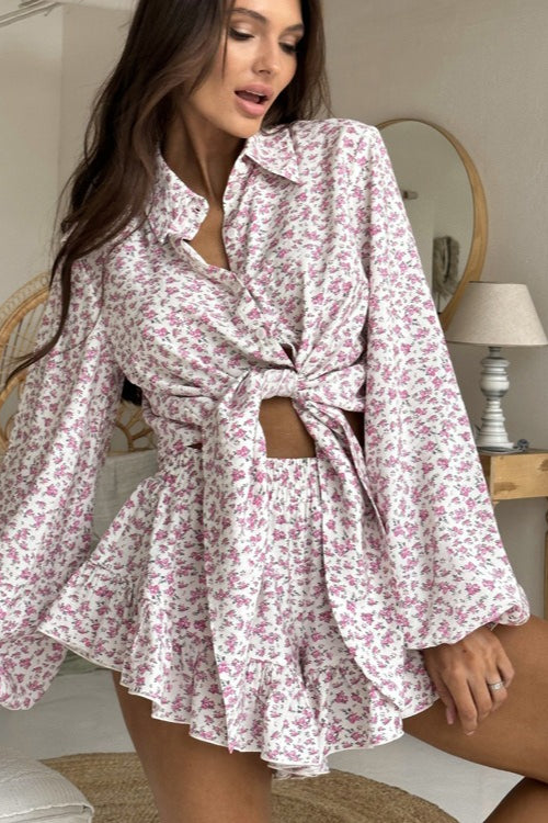 Floral Long Sleeve Lapel Ruffle Shorts Two Piece Set image 5