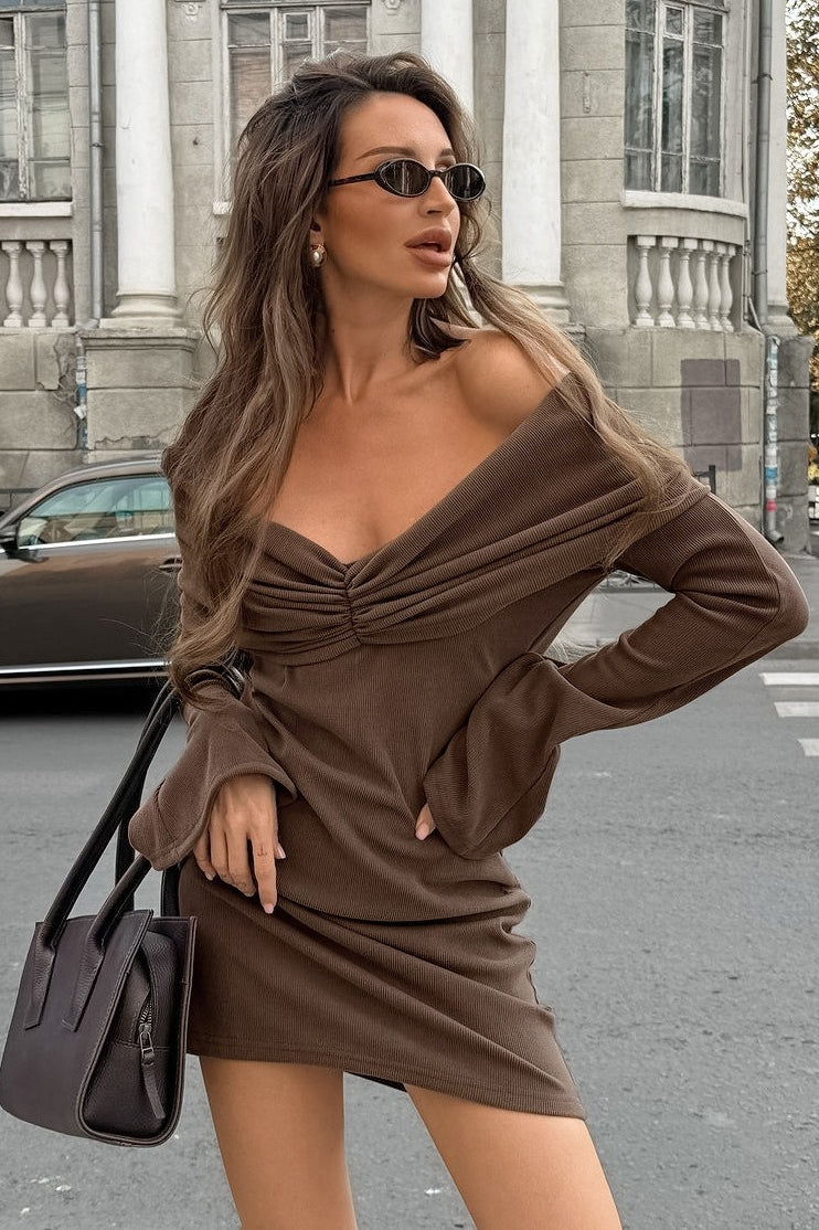 Brown Off Shoulder V Neck Knit Waist Slim A Line Mini Dress image 1