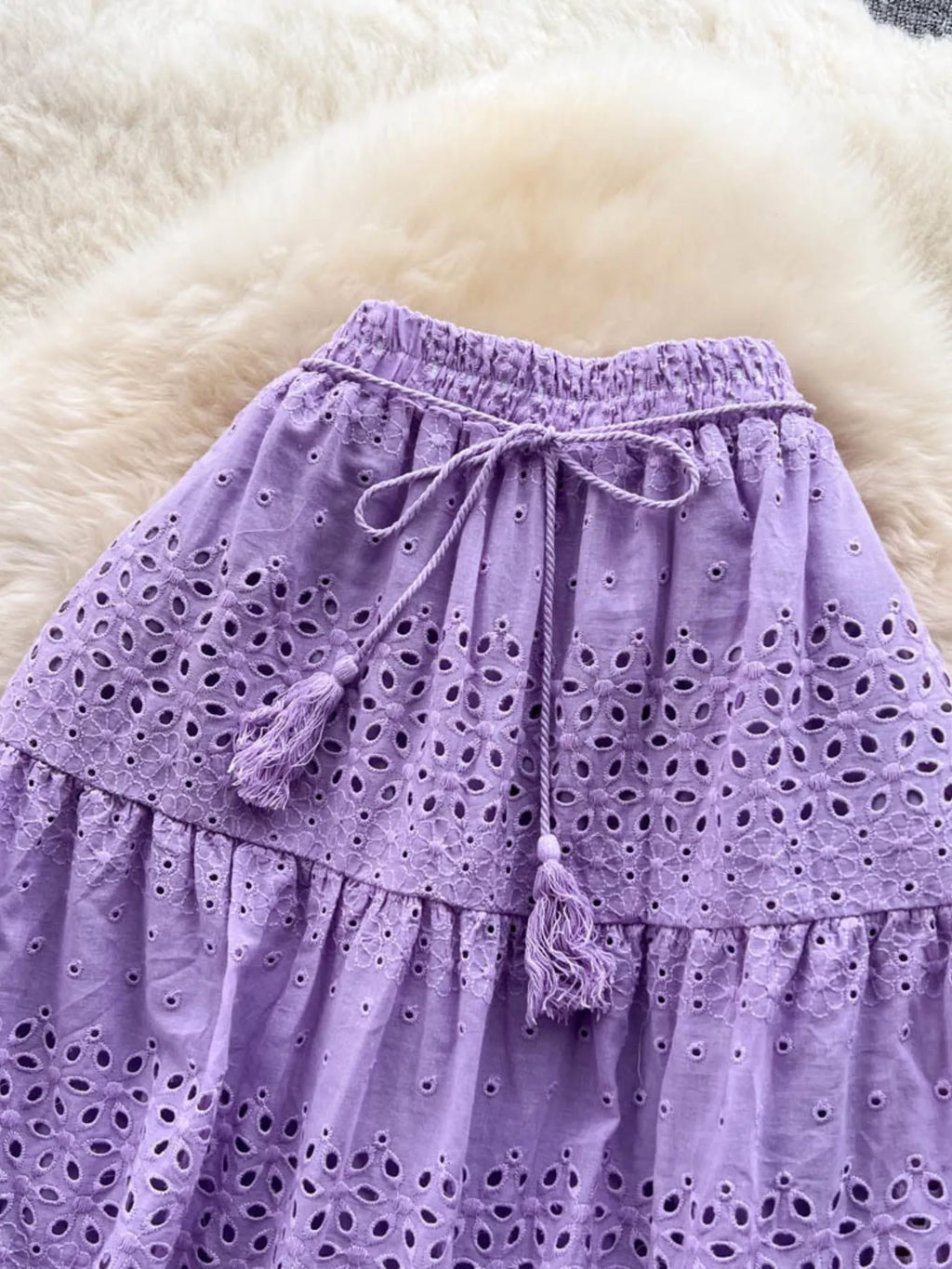 Soleil Eyelet Skirt detail view styled for Avrienne