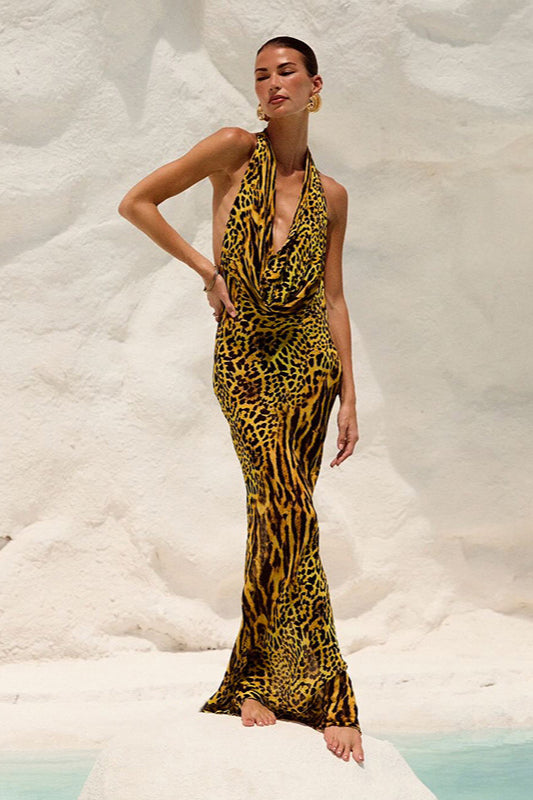 Slim Fit Leopard Cowl Backless Maxi Dress image 3