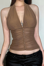Solid Mesh Button Cropped Halter Top image 1
