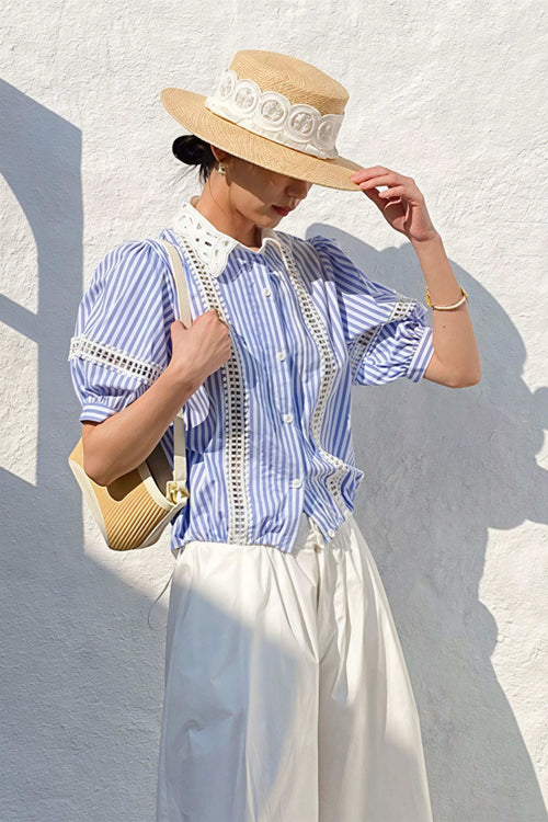 Chic Stripe Lace Puff Sleeve Blouse image 1