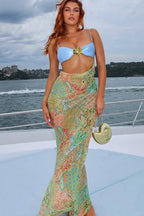 Sexy Suspender Splicing Waist Print Contrasting Halter Maxi Dress image 1