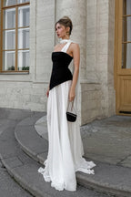 Elegant Flared Wavy Trim Color Block Maxi Dress image 4