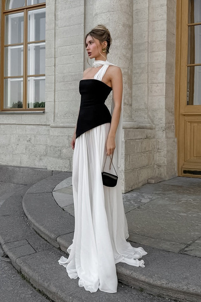 Elegant Flared Wavy Trim Color Block Maxi Dress image 4