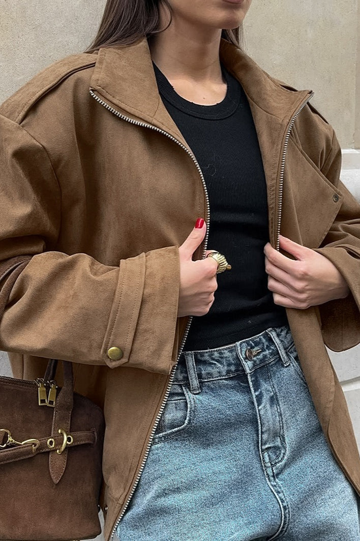Vintage Khaki Suede Collar Jacket image 2
