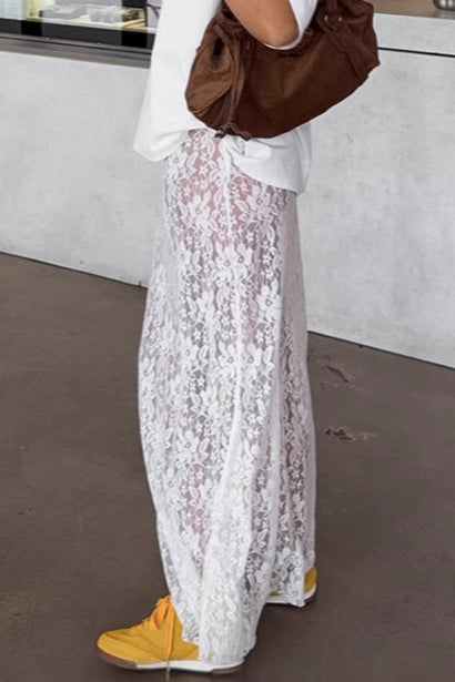 Elegant White Lace High Waist A-line Midi Skirt image 4