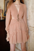 Elegant Deep V Cut Out Waist Rhinestone Chiffon Mini Dress image 1