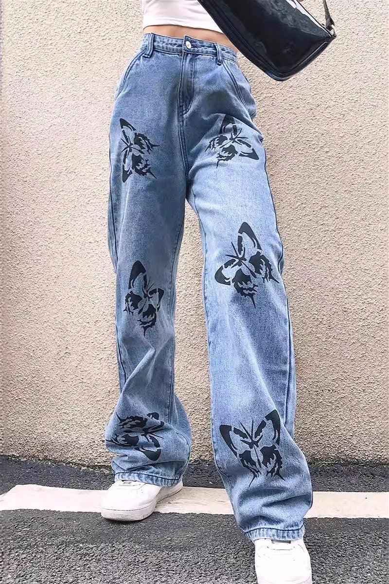 Butterfly Print Loose Straight Jeans image 1