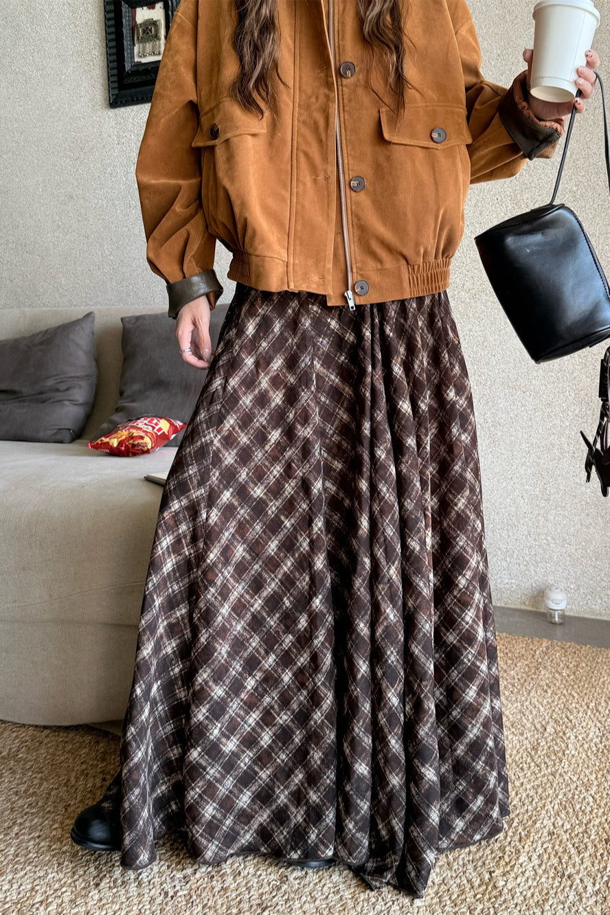 Plaid Vintage Earthy Tones High Waist Flowy Midi Skirt image 7