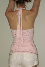 Embossed Print Solid Tie Halter Top image 3