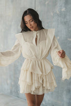Long Sleeve Tie Mesh Sheer Tiered Mini Dress image 8