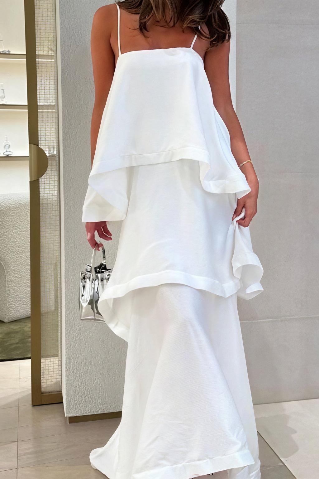 White Flowy Cami Tiered Maxi Dress image 1