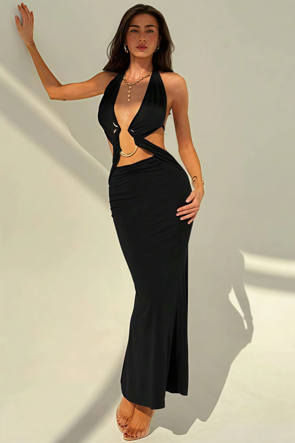 Sexy Halter Deep V Neck Backless Metal Maxi Dress image 6
