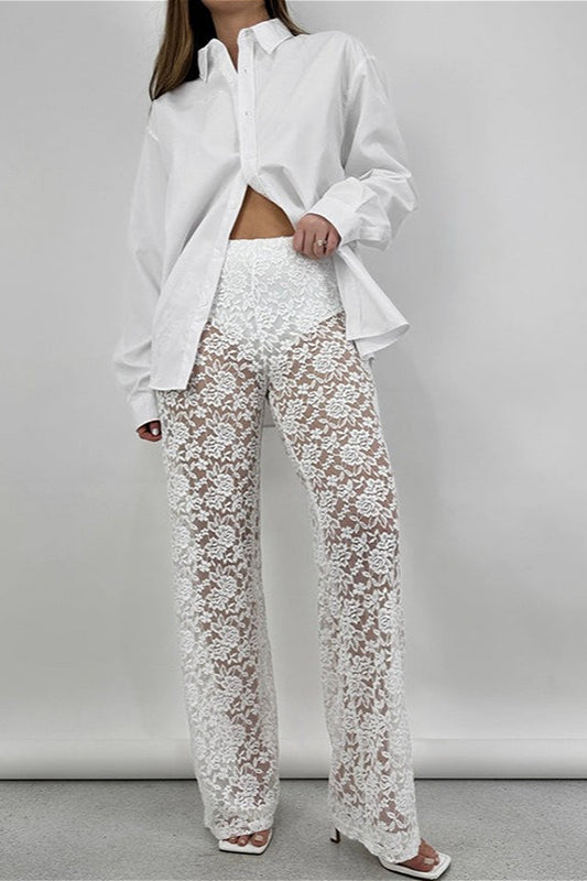 Lace Cutout Paneled High-Rise Straight Pants image 7