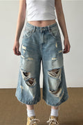 Retro Washed Ripped Whisker Cropped Jeans image 1