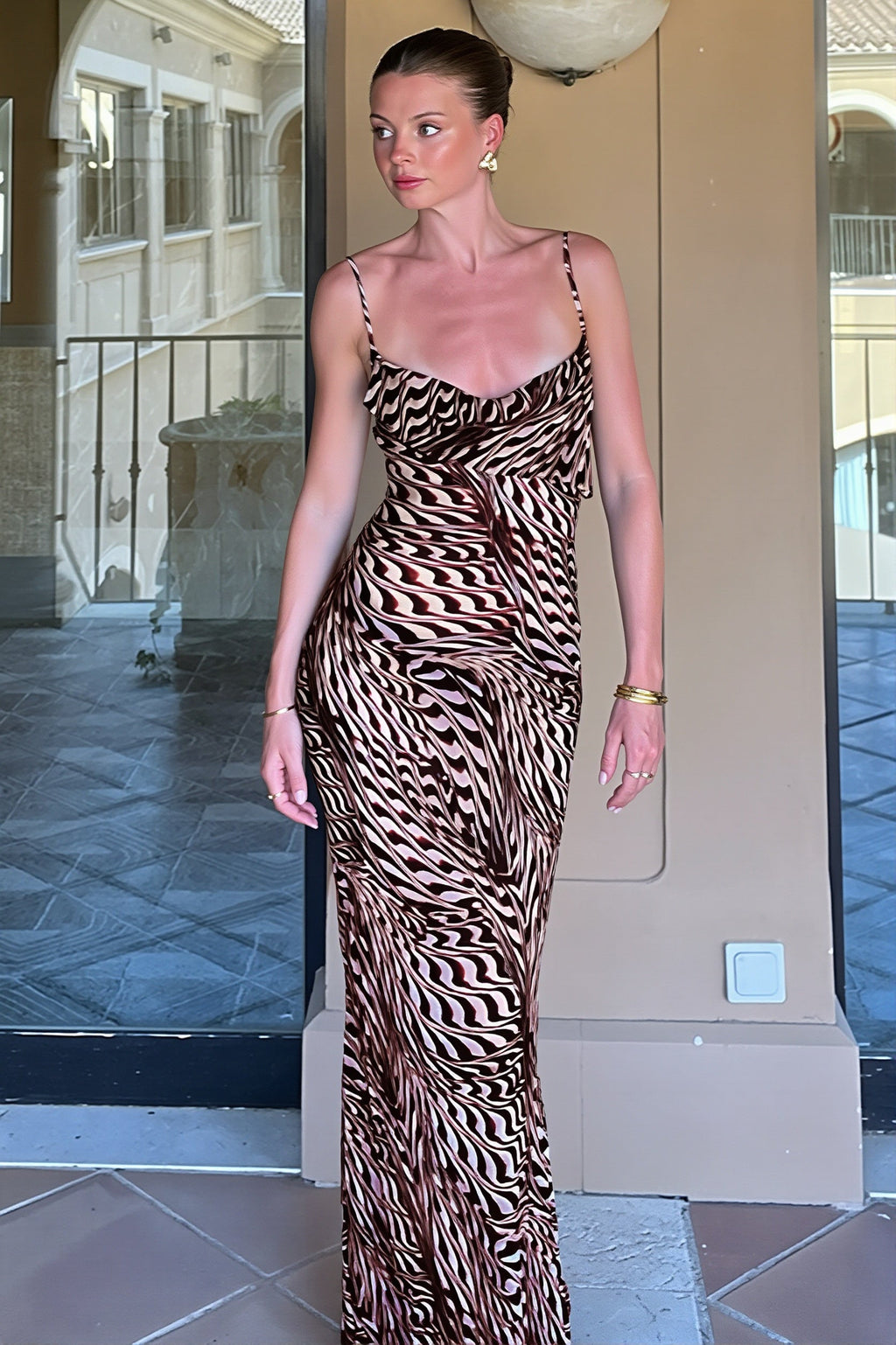 Sheer Mesh Cowl Neck Slip Strap Maxi Dress image 4