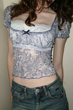 Lace Floral Mesh Fake Two Piece Blouse image 1