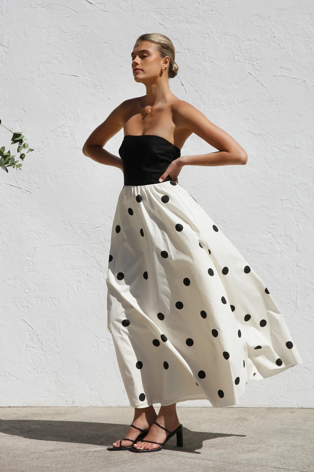 Polka Dot Print Strapless A-Line Maxi Dress image 1