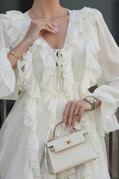 Ruffled Tie V Neck Long Sleeve A Line Mini Dress image 4