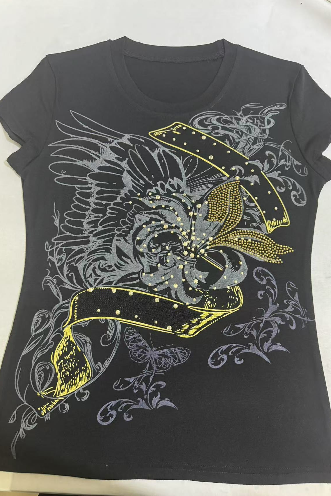 Vintage Print Rhinestone Slim Short Sleeve T-shirt image 4