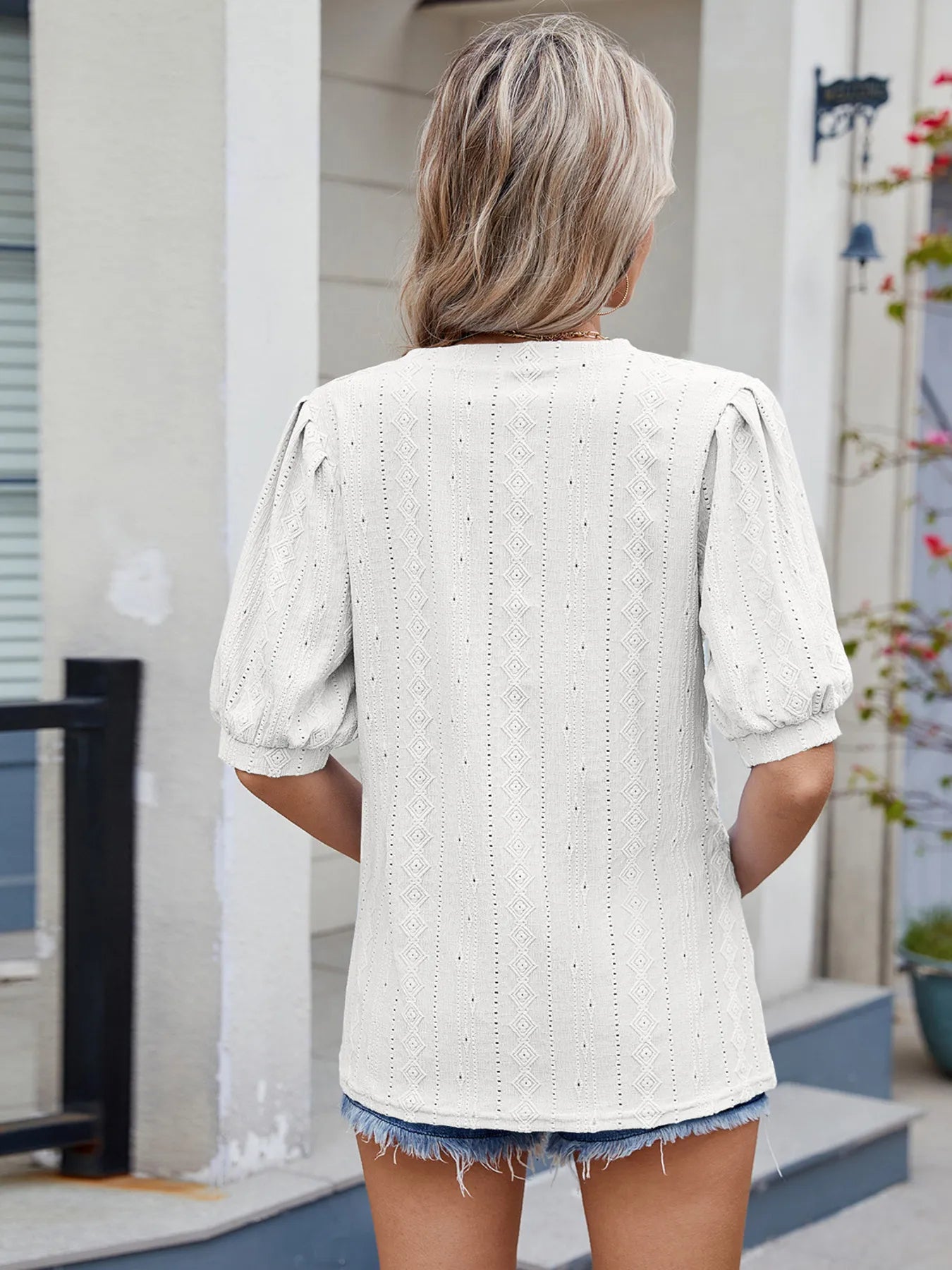 Mireille Eyelet Top detail view styled for Avrienne
