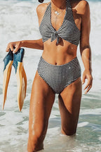 Plaid Deep V Cross Back Two Piece Swim Set image 1