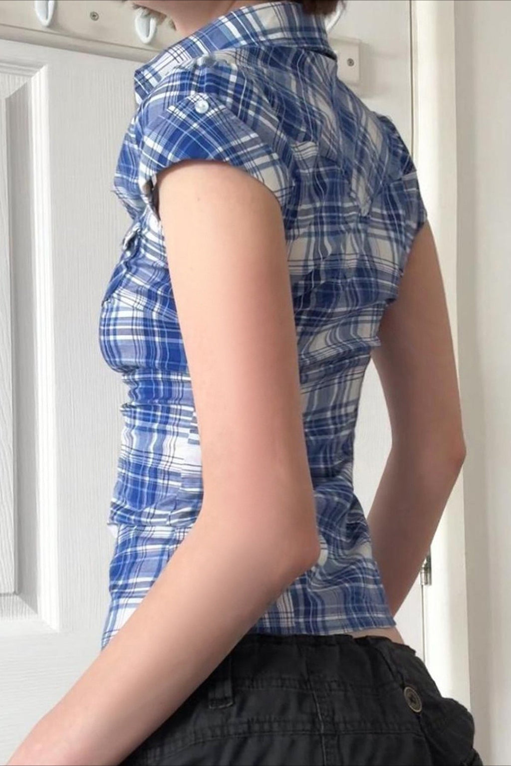 British Plaid Ruffled V Neck Puff Sleeve Blouse image 3