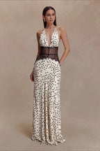 Polka Dot Lace Patchwork Deep V Backless Ruched Elegant Maxi Dress image 1