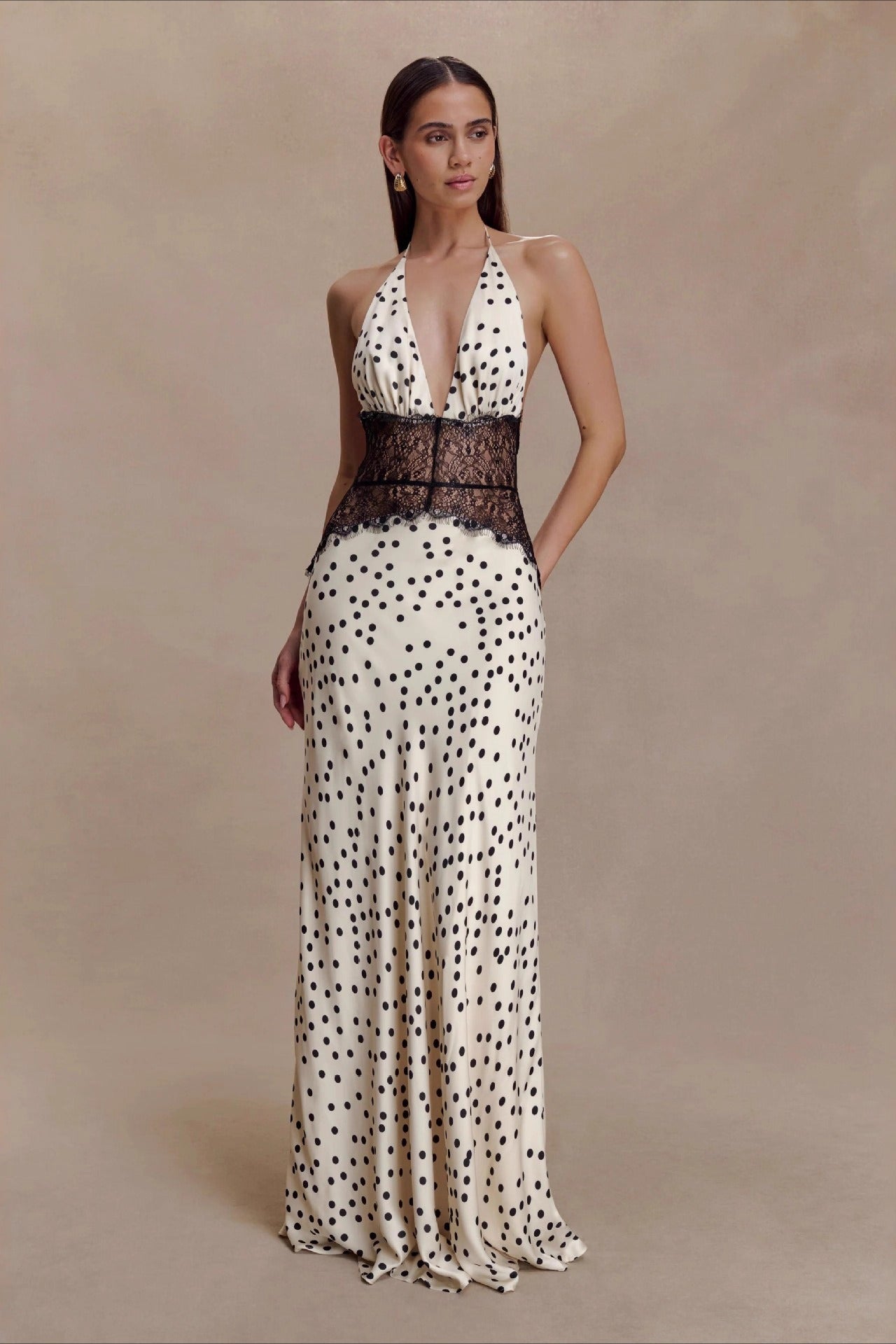 Polka Dot Lace Patchwork Deep V Backless Ruched Elegant Maxi Dress image 1