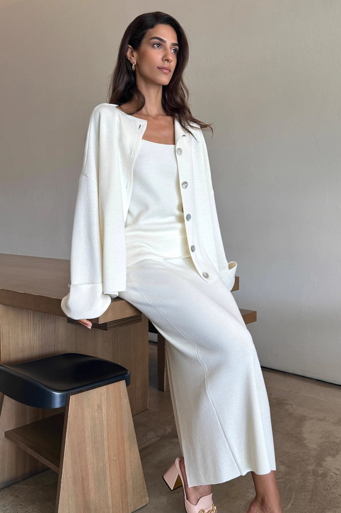 Elegant Minimalist Knit Long Sleeve Cardigan Cami Three Piece Set image 7