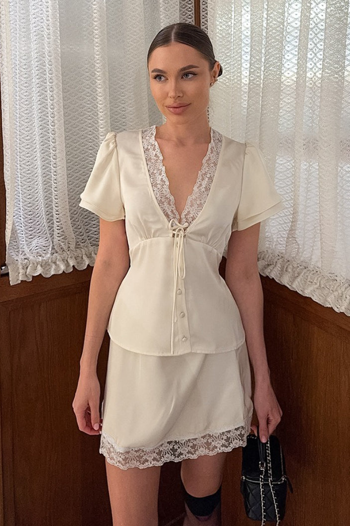 Satin Silk-Like Lace V-Neck Waist Tie Skirt Set image 5