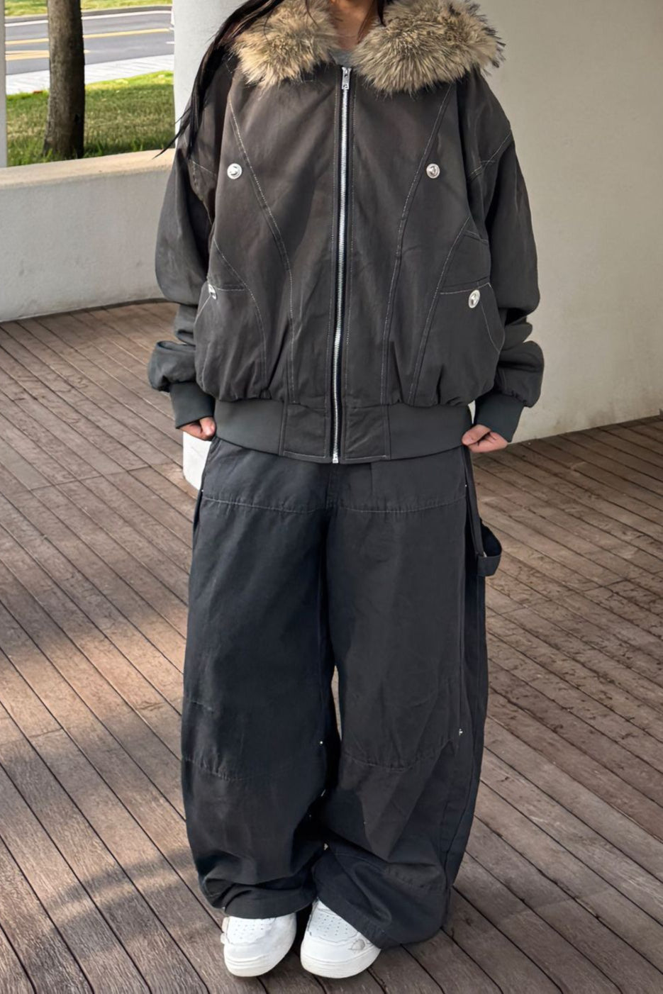 Black Short Puffer Fur Collar Jacket image 6