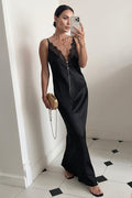 Chic Silk Satin Lace Trim Deep V Bodycon Mermaid Maxi Dress image 1