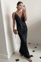 Chic Silk Satin Lace Trim Deep V Bodycon Mermaid Maxi Dress image 1