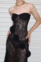 Sheer Lace Strapless 3D Floral Train Maxi Dress image 5