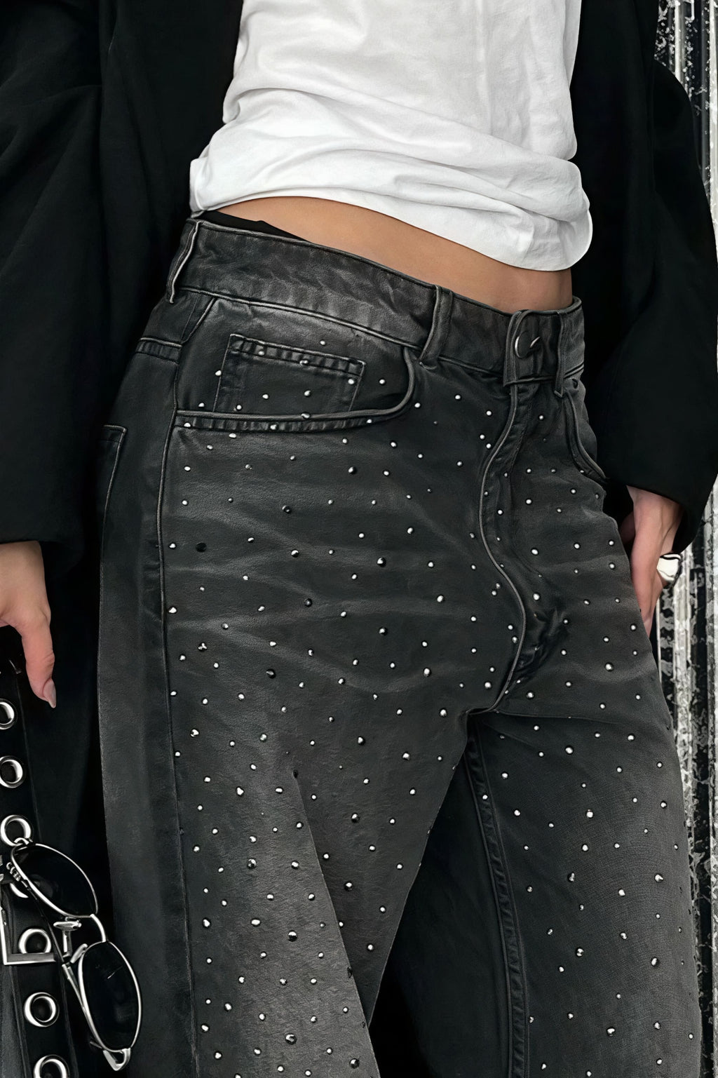 Vintage Rhinestone Distressed Low Waist Wide Leg Jeans image 4