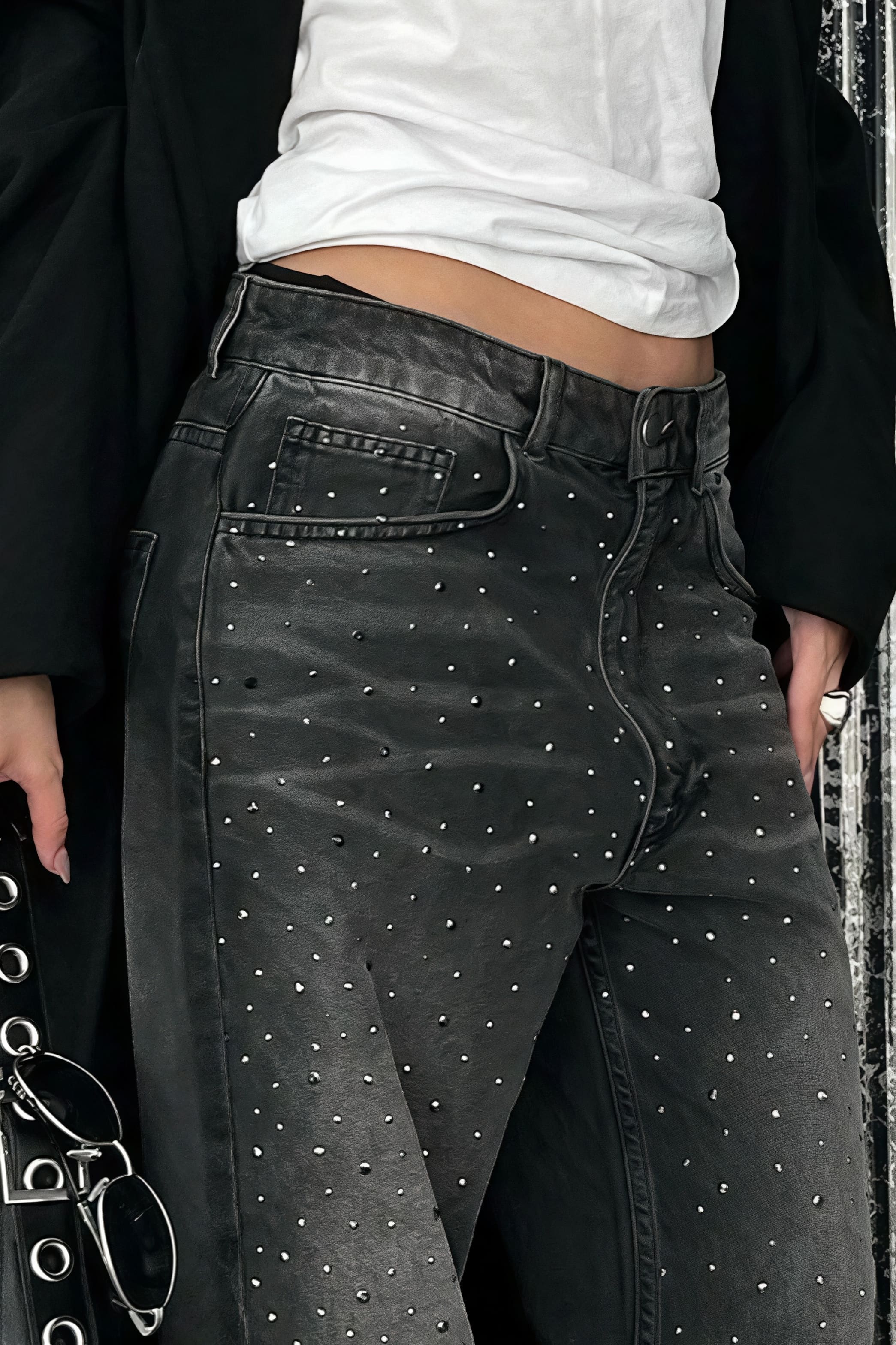 Vintage Rhinestone Distressed Low Waist Wide Leg Jeans image 4