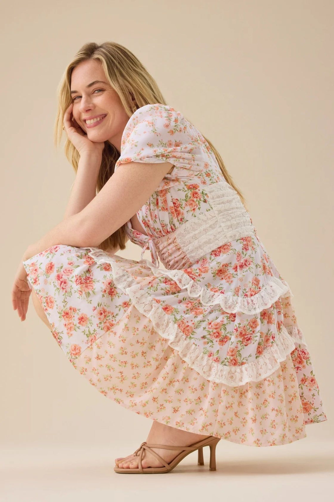 Floral Lace Patchwork V Neck Puff Short Sleeve Mini Dress image 21