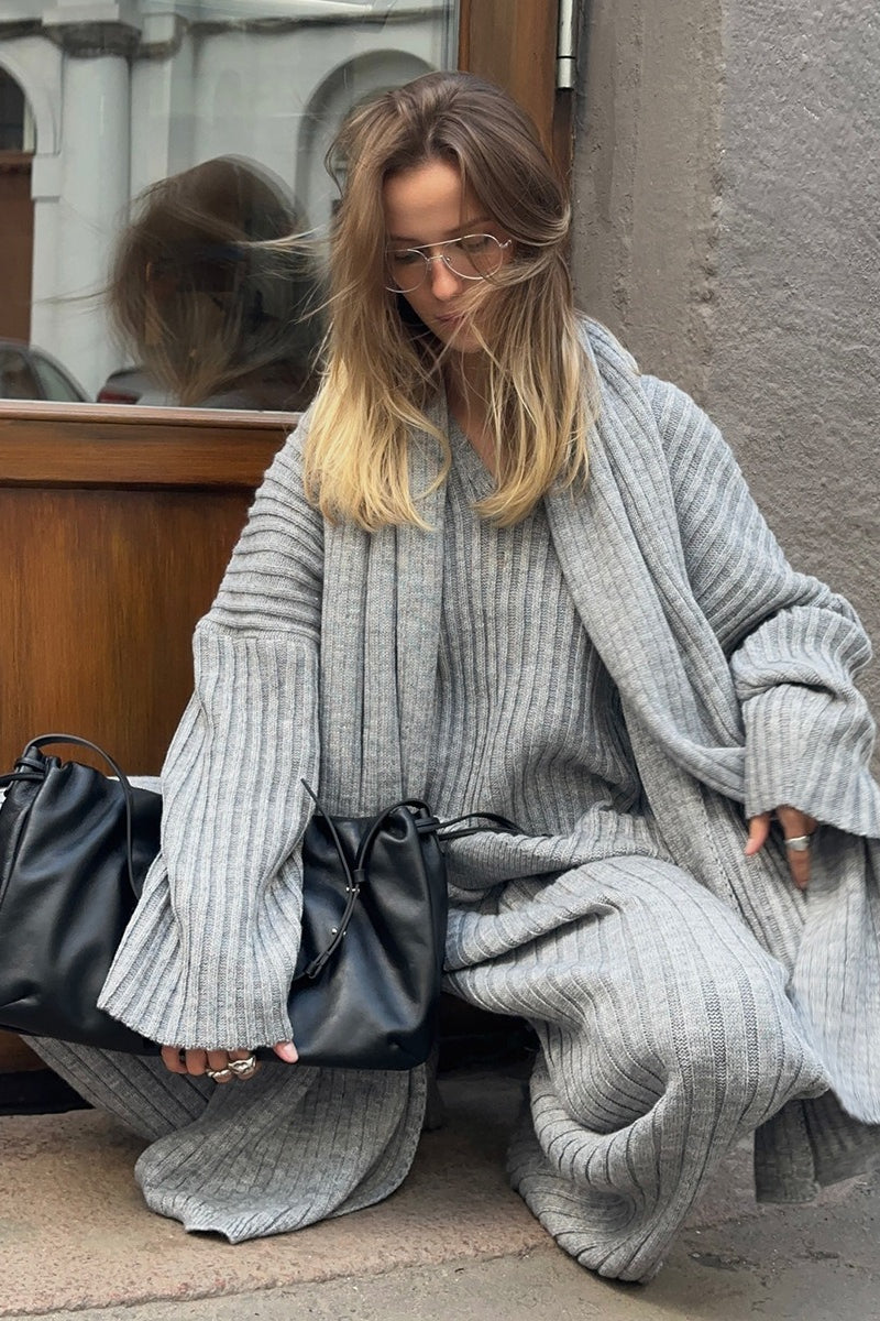 Relaxed Fit V Neck Ribbed Sweater with Pants Two Piece Pants Set image 6