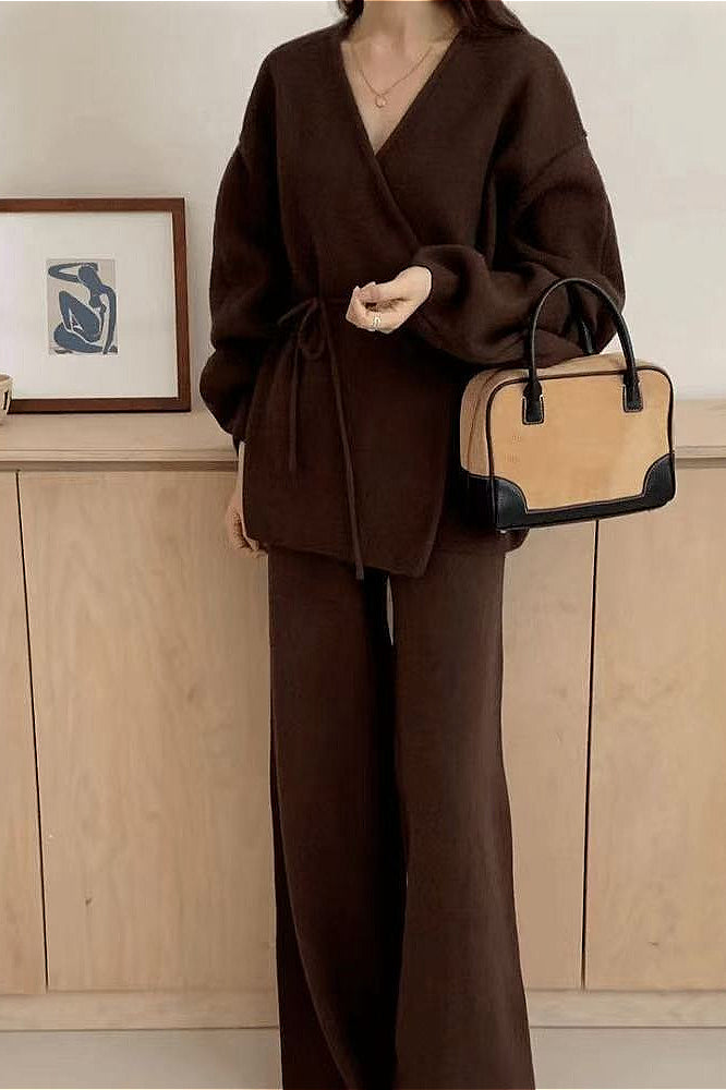 Loose Belted Knit Cardigan Wide-Leg Pants Two Piece Set image 2