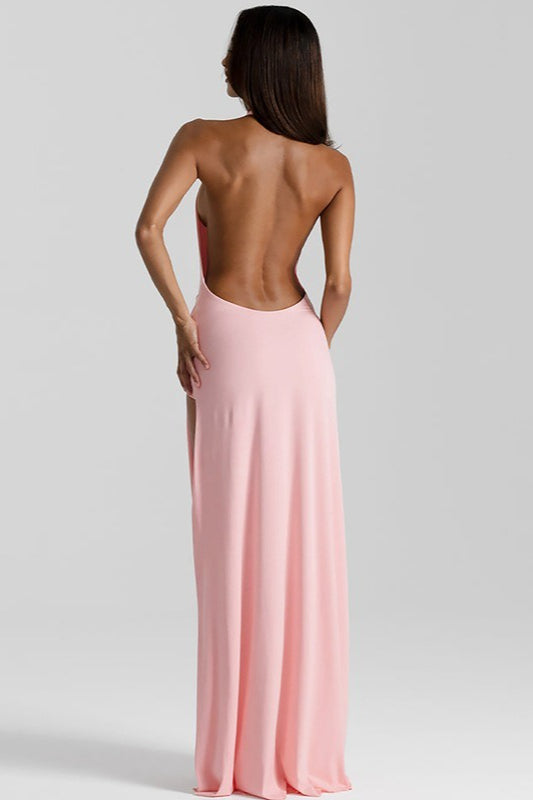 Solid Halter Deep V Backless Slit Floor Maxi Dress image 14