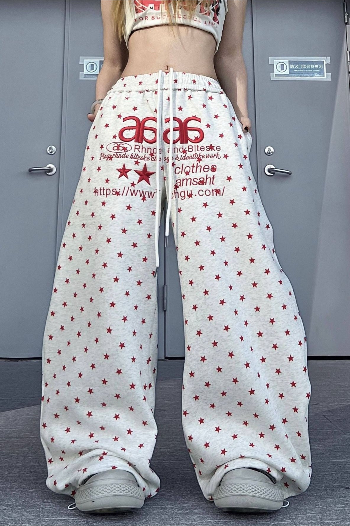 Star Letter Embroidered Cotton Baggy Sweat Pants image 1