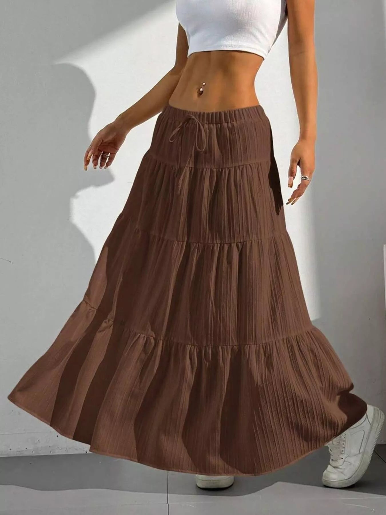 Capri Tiered Maxi Skirt detail view styled for Avrienne
