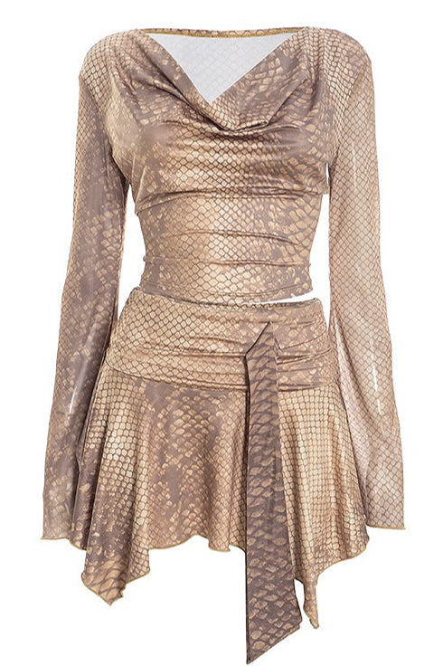 Flowy Snake Print Tie Detail Skirt Set image 5